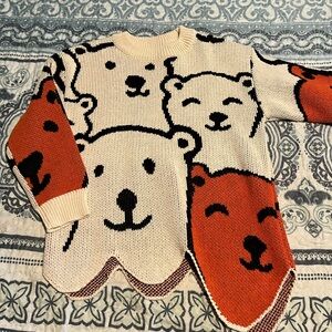 Kids Bear Pattern Sweater - Cream and Orange
